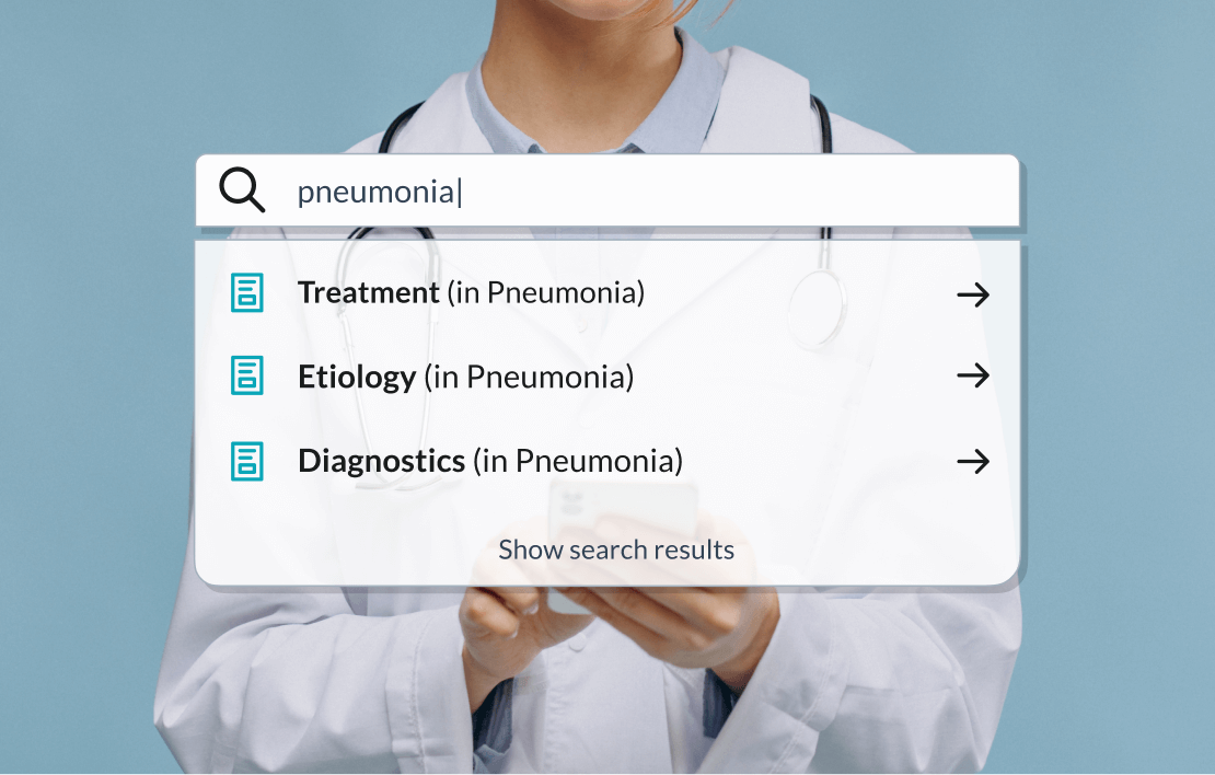 Image of the Search Engine filled with Pneumonia and showing related results