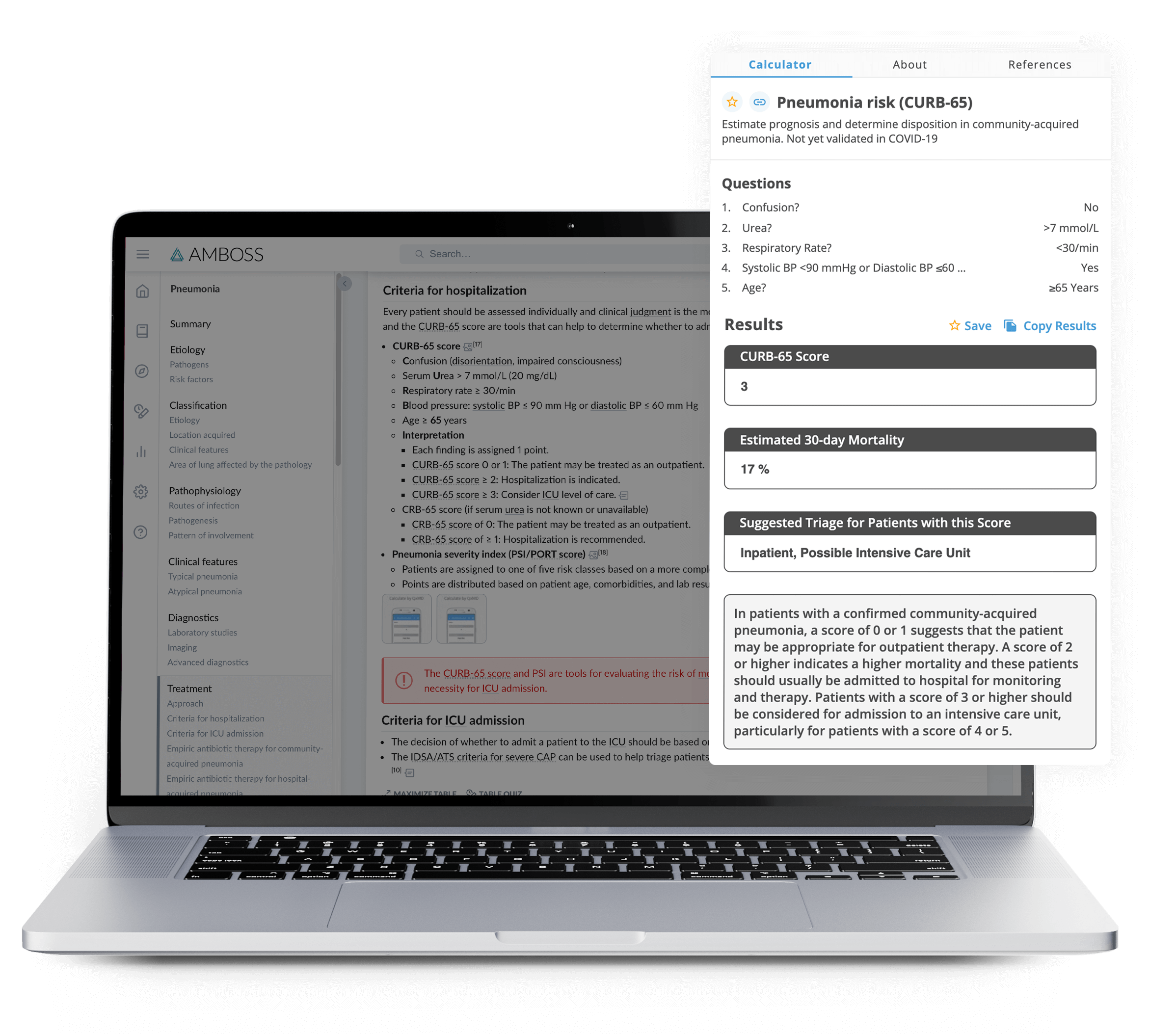 Computer showing the calculator for Pneuomonia Risk